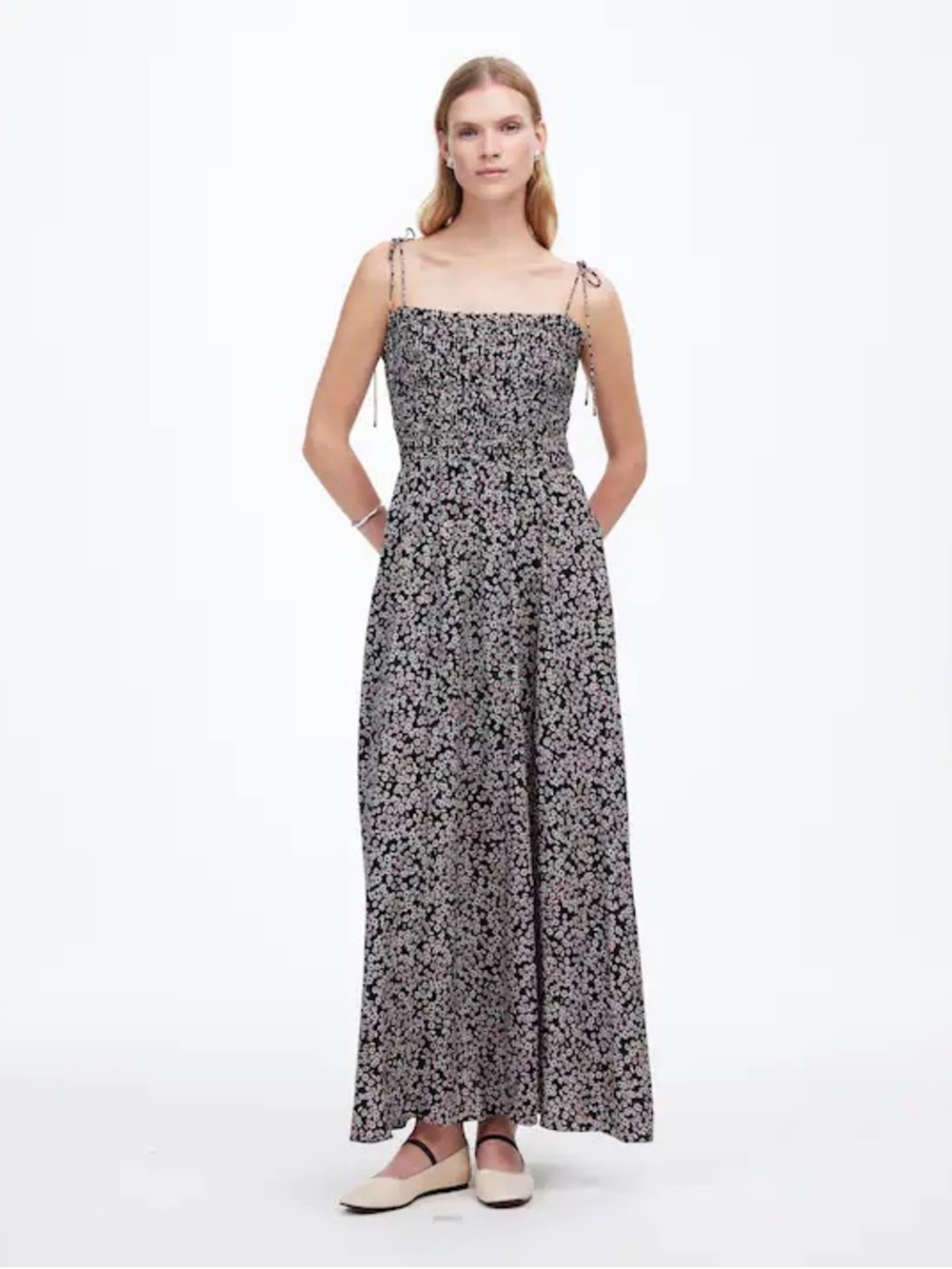 Madewell mocked Tie-Strap Midi Dress in Floral Daisy Black Ground Size 4